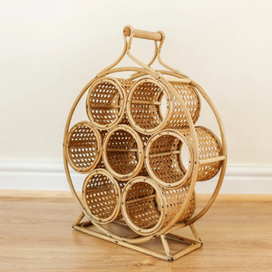 Round Bamboo Rattan <b>Wine</b> Bottle Holder Storage Shelf <b>Racks</b> Organizing <b>Rack</b> for Stacking Bottles - Product Image 1
