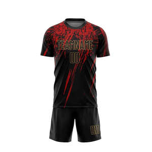 Ensemble de maillots de football personnalisés sublimés pour hommes, noir et rouge, col rond, manches courtes, évacuation de l'humidité, 100% polyester, coupe athlétique - Product Image 1