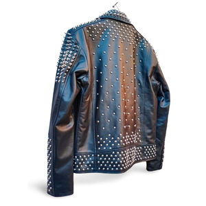 Nouvelle veste en cuir véritable pour femme, style motard rock punk, ornée de strass imprimés et de clous, respirante - Product Image 6