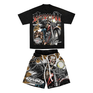 Ensemble t-shirt et short premium en jersey de coton 240 GSM et molleton français 280 GSM, imprimé intégral crâne motard, 2 pièces - Product Image 1