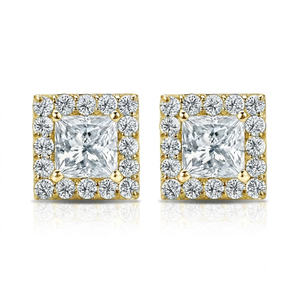 Boucles d'oreilles clous unisexe en argent 925 plaqué or, design géométrique tendance, avec halo de diamants de laboratoire taille princesse, fermeture à vis, pour fiançailles - Product Image 1