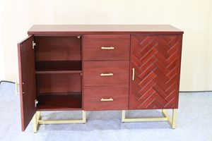 Elegante Mueble de TV de Teca con Puertas Planas, 2 Puertas y 3 Cajones, Patas de Metal para Sala de Estar - Product Image 2