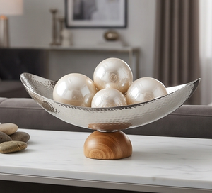 Bol en métal artisanal moderne avec base en boule de bois, finition polie, accent décoratif pour table - Product Image 4