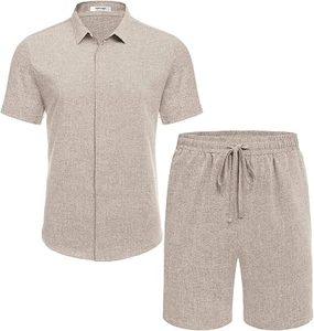Ensemble chemise et short décontracté pour homme, col rond, beige, manches courtes, imprimé respirant, vêtements d'été légers, coupe classique - Product Image 5