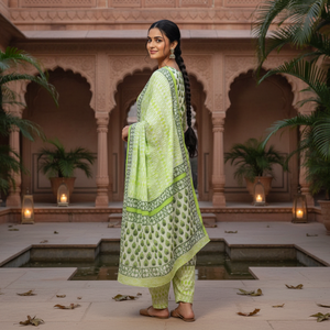 Conjunto de Traje Indio de Algodón Floral Blanco y Verde de Primera Calidad |   Salwar Kameez Punjabi Hecho a Mano con Estampado de Bloques |   Ropa Étnica Informal para Mujer - Product Image 3