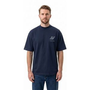 T-shirts à épaules tombantes bleu marine avec imprimé graphique planète cosmique au dos, inspirés de l'astronomie, style streetwear urbain décontracté - Product Image 1