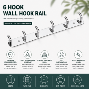 Stainless Steel Self-Adhesive <b>Wall</b> <b>Hook</b> Rack 6 <b>Hooks</b> Heavy Duty Waterproof <b>Wall</b> Mounted Coat Hanger Kitchen Bathroom Wardrobe - Product Image 5