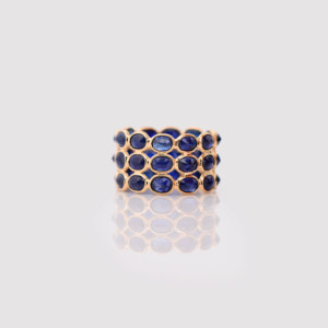 Natural Blue Sapphire Triple-<b>Row</b> Statement Ring in Solid 18K Yellow Gold – Wide Triple-Band Bezel Set Ring September Birthstone - Product Image 3