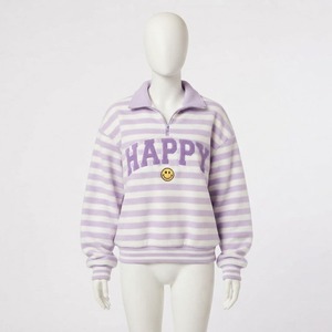 Sudadera de Forro Polar a Rayas Blancas y Moradas para Mujer, con Bordado de Letras Felices, Cuello Camisero, Manga Larga, Ropa Casual de Otoño - Product Image 1