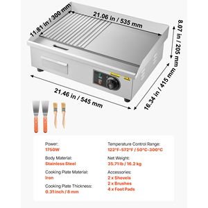 Piastra Elettrica Commerciale in Acciaio Inox, 21.06 x 11.81 Pollici, 1750W, Temperatura Regolabile 122-570 Fahrenheit, Mezza Dimensione - Product Image 4