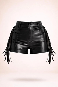 Shorts en cuir pour femme UNIQUE LEATHER, style western, à franges et pompons, pour festival, imperméables, taille élastique, coupe décontractée - Product Image 2
