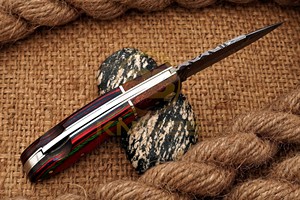 Cuchillo Plegable de Acero de Damasco Premium con Mango de Madera, Hecho a Mano, para Caza, Camping, Supervivencia, Cuchillo de Bolsillo EDC - Product Image 4