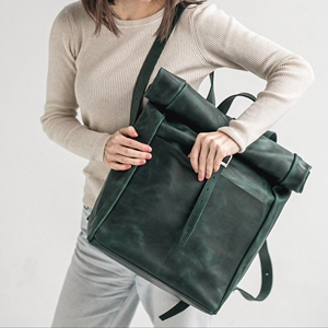 Leather Roll Top Backpack Mens Retro Travel Daypack Genuine Cowhide Laptop Bag with <b>Padded</b> Shoulder Strap LTBP-0015 - Product Image 1