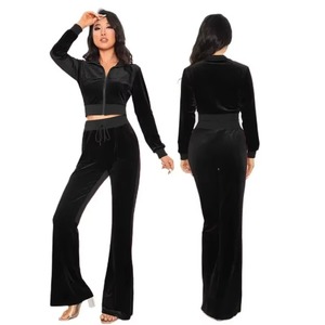 Custom Logo Wholesale Velvet Tracksuit Women Two Piece Set Zip Up <b>Jacket</b> and Pants Fashion Casual Streetwear - Product Image 3