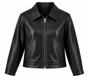 Chaqueta de moto de cuero genuino negra para mujer, abrigo corto estilo biker con cuello vuelto y cremallera - Product Image 1