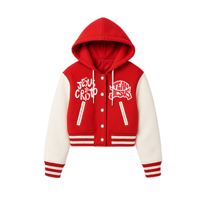 Blouson universitaire régulier pour femme 'Jesus Cristo Team Jesus' rouge et blanc à capuche, style bomber, éco-responsable, pour streetwear inspiré par la foi - Product Image 1