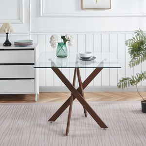Tavolo da Pranzo Moderno Color Noce con Gambe Incrociate in Metallo e Piano in Vetro Temperato Salvaspazio per Cucina e Soggiorno - Product Image 1