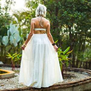 Robe longue bohème blanche pour femme, manches longues, à volants, en coton naturel lavable, idéale pour l'été, la plage, les vacances et les festivals - Product Image 4