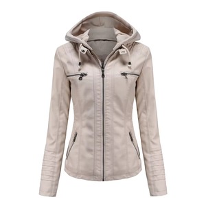 Women's Black Hooded <b>Leather</b> <b>Jacket</b> With Zipper Pockets And Adjustable Cuffs - Product Image 5