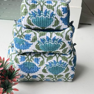 Floral Printed Quilted Cosmetic Toiletry <b>Bag</b> Set Large Bohemian Style Multi-Function Textile Pouches with Embroidered Pattern - Product Image 6