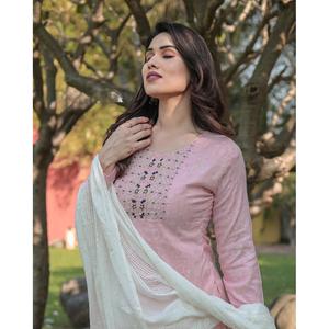 PANTALON EN COTON DE LIN AVEC DUPATTA BABY PINK - Product Image 2