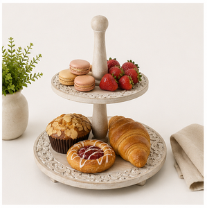 Handcrafted 2 Tier Wooden <b>Cake</b> <b>Stand</b> with Intricate Carvings Whitewashed Farmhouse Dessert Display <b>Stand</b> for Weddings Parties - Product Image 5