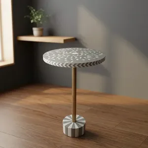 Mesa Auxiliar Moderna con Patrón Floral Redondo, Pedestal de Metal y Base Geométrica, Mueble Decorativo Contemporáneo para Sala de Estar - Product Image 2
