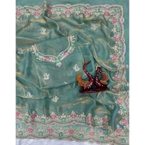 Sari à imprimé floral, silhouette droite, pour les fêtes, avec broderie de sequins et de cordons - Product Image 1