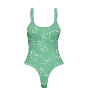 Maillot de bain une pièce imprimé floral pour femmes, bretelles spaghetti, body extensible tricoté, vêtements de plage d'été, vert - Product Image 1