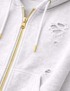 Sweat à capuche unisexe blanc uni, effet vieilli, zippé, coupe oversize, style vintage, déchiré, en molleton, streetwear, avec poches - Product Image 6