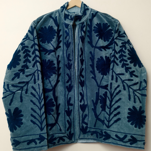 Blue Floral Embroidered <b>Velvet</b> Cotton Breathable Woven <b>Jacket</b> Suzani Style Outerwear <b>for</b> <b>Women</b> - Product Image 1