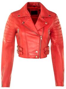 Chaqueta de Cuero Roja Corta Estilo Biker para Mujer, Corte Regular, con Cierre, Abrigo de Moda para Invierno - Product Image 1