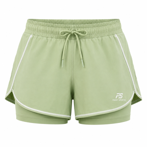 Shorts de course superposés 2-en-1 vert et blanc pour femme avec doublure intégrée, cordon de serrage, séchage rapide, vêtements de sport personnalisés, vente en gros - Product Image 1