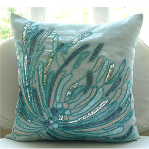 Wholesale <b>Blue</b> Sequin <b>Beaded</b> Ocean Pillow Cover Cushion Case Throw Silk Floral Mediterranean <b>Beaded</b> Cushion Cover - Product Image 4