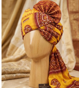 Turban traditionnel Rajasthani Bandhani Pagri pour le marié, jaune bordeaux, fait main, pour mariage, Safa, Tie Dye ethnique, pour Baraat, mariage - Product Image 1