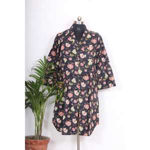 ชุดเดรสยาวสไตล์กิโมโนลายดอกไม้ผ้าฝ้ายสำหรับผู้หญิง แขนบาน มีเข็มขัด ผ้าไหมพลิ้ว ขายส่ง ชุดลำลอง - Product Image 1