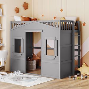 Letto a soppalco grigio a una piazza e mezza con scaletta per camerette dei bambini - Product Image 1