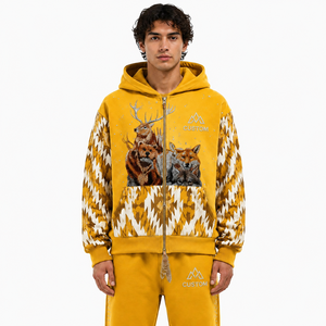 Sweat-shirts à capuche jaunes personnalisés pour hommes, avec broderie graphique animalière aztèque, coupe oversize, épais, style streetwear décontracté, unisexe, fournisseur OEM - Product Image 2