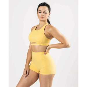 Soutien-gorge de sport jaune pour femme, à dos nu et découpes, maintien moyen, respirant, couleur unie, sans couture, pour le yoga et le fitness - Product Image 3