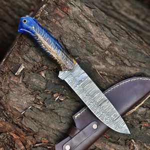 Cuchillo de Bushcraft de Acero de Damasco Forjado a Mano con Mango de Piña, Hoja Fija de Espiga Completa, Cuchillo de Camping con Funda de Cuero, OEM Personalizado - Product Image 4
