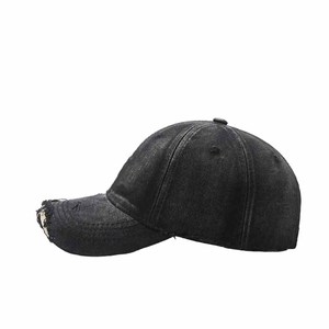 Casquette de baseball en denim noir délavé vintage, 6 panneaux, réglable, effet usé, unisexe, en coton, style décontracté - Product Image 3