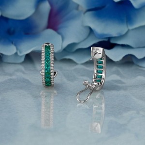 <b>Emerald</b> Green Hoop <b>Earrings</b> White Diamond Accents 14K White <b>Gold</b> Finish Huggie Style Luxury Wedding Fine Jewelry Women Elegant - Product Image 2