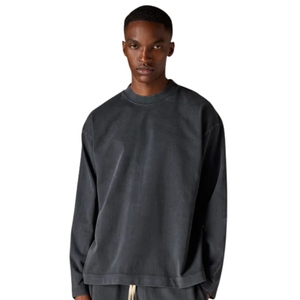 T-shirt à manches longues noir délavé pour homme, col rond, coton, style streetwear décontracté, finition vintage douce - Product Image 6