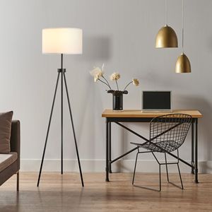 Lampada da Terra Moderna di Lusso Nera con Paralume in Tessuto Bianco, Lampada LED Postmoderna con Treppiede in Acciaio da 151 cm per Soggiorno - Product Image 6