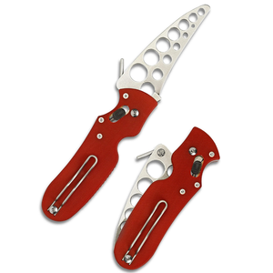 Couteaux pliants rouges avec lame perforée en acier inoxydable, manche ergonomique texturé, mécanisme de verrouillage coulissant et fil métallique - Product Image 2