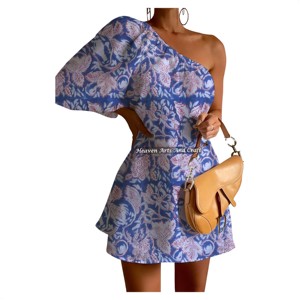 Vestido de un solo hombro con diseño de manga abullonada, transpirable, ecológico y a la moda, con estampado natural hecho a mano. - Product Image 1