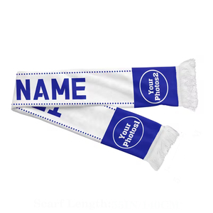 Écharpe longue personnalisée avec emplacements pour nom et photo pour les fans de sport, design blanc et bleu, matière polyester légère - Product Image 1