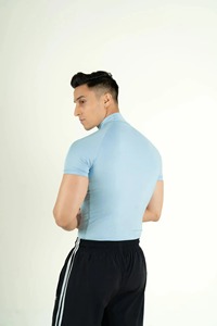 <b>Men</b> Light Blue <b>Turtleneck</b> Short Sleeve Slim Fit Compression Shirt Breathable Knitted Workout Gym Top - Product Image 4