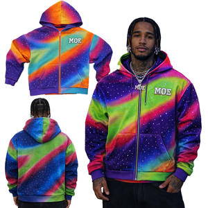 Sweat à capuche personnalisé tendance avec strass, 100 % coton, pour homme, zippé, tie-dye, épais, veste arc-en-ciel personnalisée avec strass - Product Image 2