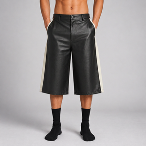 <b>Mens</b> Color Blocked Leather Look Bermuda <b>Shorts</b> Mid Waist Button Fly Street Style Panelled Design Solid Gray <b>Black</b> - Product Image 4